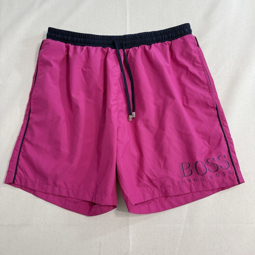 Hugo Boss Shorts Mens M Pink Swim Trunks Drawstring Logo Lined Beach*No Liner